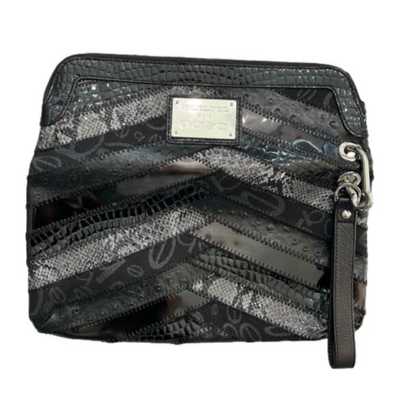 Bebe Multi Textured Black Leather Large Zip Clutch Wrist Strap Tassel Zip 7x13”